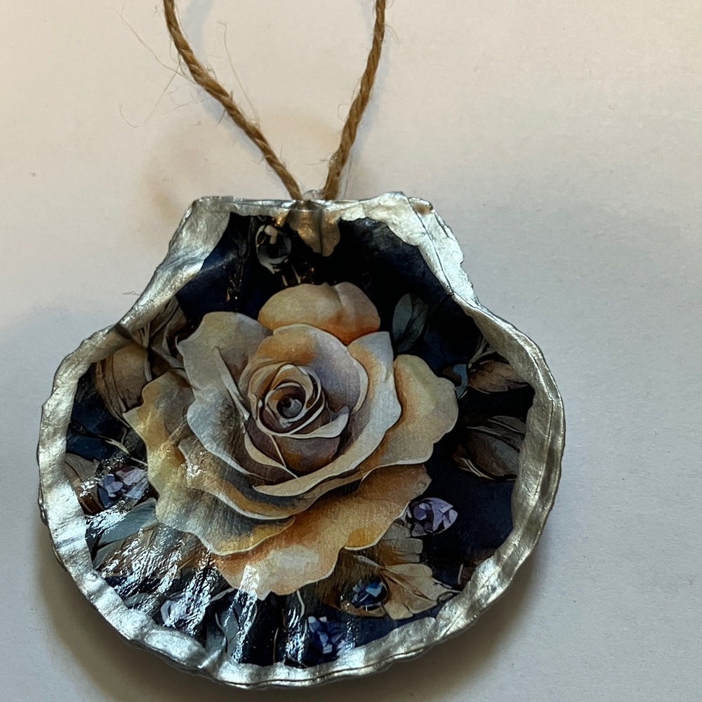Handcrafted Shell Ornament Rose Silver Metallic Decoupage